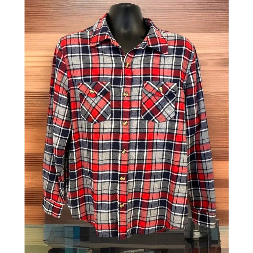 VTG 90s Open Trails Western Yoke Pocket Button Up Flannel Men’s Red Black Gray L